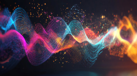 Abstract digital representation of colorful electric waves moving through the air, symbolizing data transmission, communication, and technology advancements.の素材