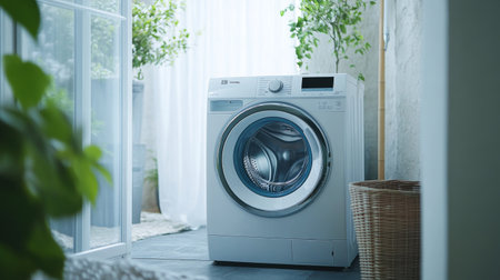 A washing machine with a high-efficiency detergent dispenser, demonstrating eco-friendly and effective cleaning solutions for modern homes.の素材