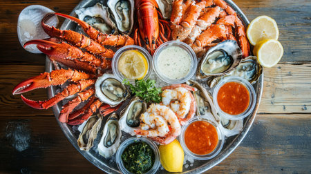 A top-view shot of a seafood platter filled with lobster, shrimp, oysters, and crab, beautifully arranged on a wooden table with dipping sauces and lemon slicesの素材