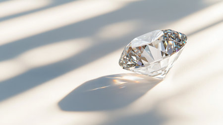 A close-up of a single sparkling diamond resting on a pristine white background, showcasing its brilliant cut and facets reflecting light.の素材