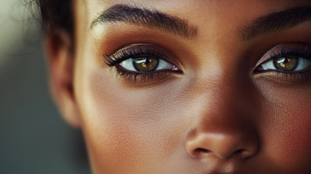 A high-resolution close-up of a woman's face with perfectly applied makeup, including smooth foundation and accentuated features, showcasing her beauty.の素材