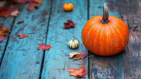 A vibrant orange pumpkin sitting on a rustic wooden table, surrounded by autumn leaves and small decorative gourds, creating a cozy fall ambianceの素材