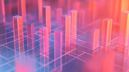 A 3D chart with multiple layers of transparent bars rising from a grid, illustrating complex data trends in a visually striking manner.の素材