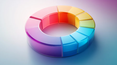 A colorful 3D donut chart floating on a clean background, with different data segments separated and highlighted in various hues.の素材