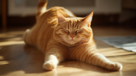 An adorable overweight orange cat stretching lazily on the floor, showing off its soft belly and content expression.の素材