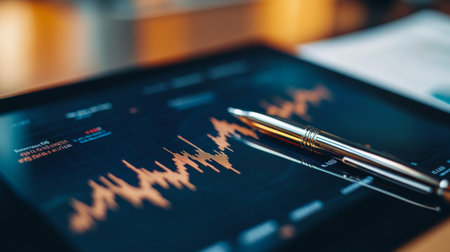Close-up of a financial graph with a focus on significant peaks and troughs, captured on a tablet screen with business documents and a pen.の素材