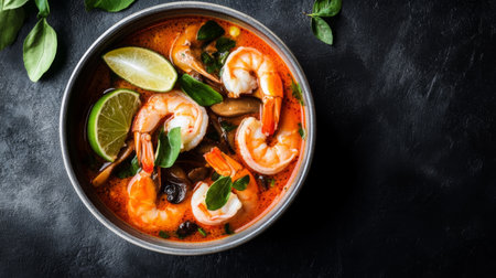 A hot bowl of Tom Yum Goong shot from above, with fresh prawns, mushrooms, lime leaves, and a rich, spicy broth glistening under the light.の素材
