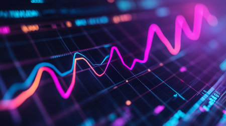 Close-up of a 3D line graph with rising curves, each axis highlighted in neon colors, representing trends and market data visualization in a high-tech style.の素材