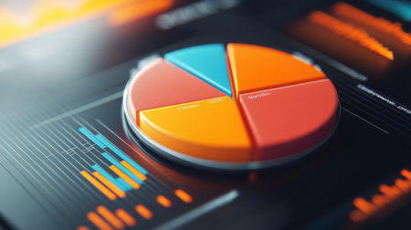 Close-up of a 3D pie chart with interactive elements, including hover effects and clickable segments, illustrating a sophisticated data presentation.の素材