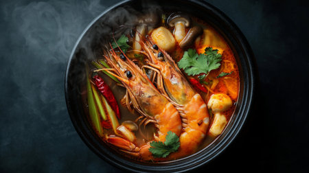A top-down view of a steaming bowl of Tom Yum Goong, with large prawns, mushrooms, lemongrass, and vibrant chili floating in a rich, aromatic broth.の素材
