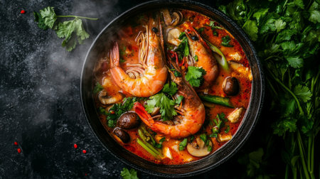 Aerial view of a steaming Tom Yum Goong bowl, filled with prawns, mushrooms, and lemongrass, surrounded by fresh Thai herbs on the side.の素材
