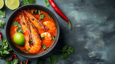 Bird's-eye view of hot and spicy Tom Yum Goong, with prawns and aromatic herbs floating in a tangy broth, accompanied by lime and chili on the sideの素材