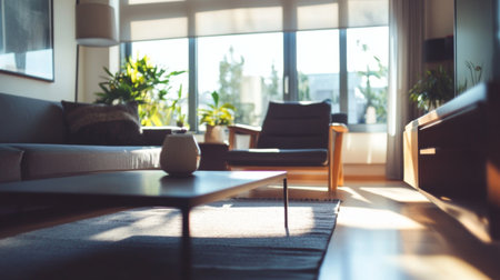 Close-up of a beautifully designed minimalistic living room featuring sleek furniture, a monochromatic color scheme, and plenty of natural light.の素材