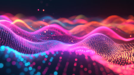 A digital concept of neon electric waves intersecting over a dark background, representing wireless technology, AI systems, and the future of electricityの素材