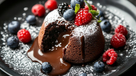 Close-up of a decadent chocolate lava cake with a gooey center, garnished with fresh berries and a dusting of powdered sugar, emphasizing the indulgent details.の素材