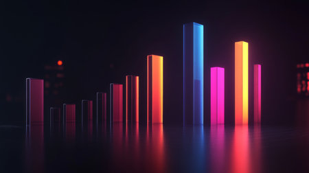 A sleek 3D bar graph with glossy columns of different heights, set against a dark background, emphasizing data visualization in finance and businessの素材