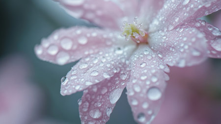 Close-up of a delicate flower with tiny water droplets scattered across its petals, capturing the freshness and detail of the natural sceneの素材