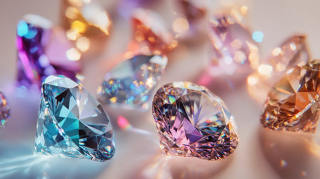 A cluster of sparkling diamonds, from small to large, arranged beautifully on a white surface, reflecting light in vivid hues.の素材
