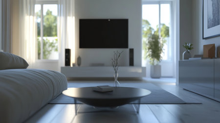 Close-up of a beautifully designed minimalistic living room featuring sleek furniture, a monochromatic color scheme, and plenty of natural light.の素材