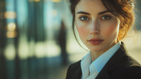 A high-resolution close-up of a businesswoman in formal wear, with a focused and approachable look, representing professionalism and success.の素材