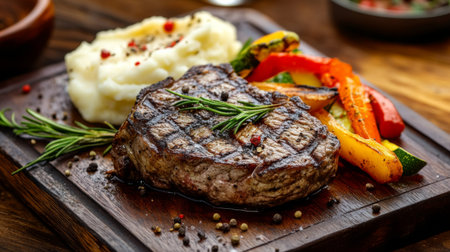 Close-up of a gourmet steak dinner with juicy, grilled beef, seasoned vegetables, and a side of mashed potatoes, capturing the textures and rich presentation.の素材