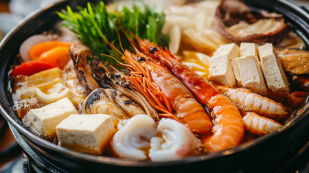 Close-up of a hot pot with an assortment of fresh ingredients, including seafood, vegetables, and tofu, all cooking together in a flavorful broth.の素材