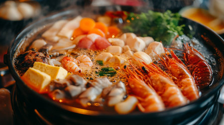 Close-up of a hot pot with an assortment of fresh ingredients, including seafood, vegetables, and tofu, all cooking together in a flavorful broth.の素材