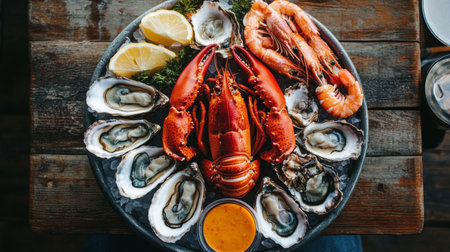 A top-view shot of a seafood platter filled with lobster, shrimp, oysters, and crab, beautifully arranged on a wooden table with dipping sauces and lemon slicesの素材