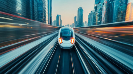 Close-up of a high-speed train in a motion blur, illustrating the incredible speed and efficiency of the train as it travels through a bustling cityscape.の素材