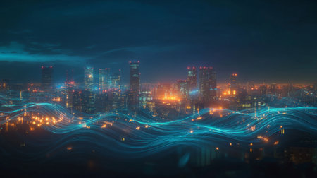 An urban cityscape illuminated by electric waves in the sky at night, blending the beauty of nature with technological energy.の素材
