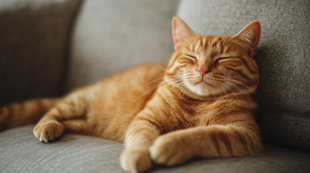 Chubby orange cat resting on a cozy sofa, its eyes half-closed, capturing the calm and peaceful nature of domestic cats.の素材