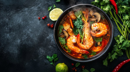 Aerial view of a steaming Tom Yum Goong bowl, filled with prawns, mushrooms, and lemongrass, surrounded by fresh Thai herbs on the side.の素材
