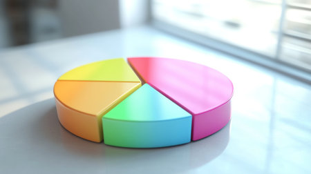 A dynamic 3D pie chart with segments in various bright colors, each section floating slightly above a white surface, symbolizing data analysis and statistics.の素材