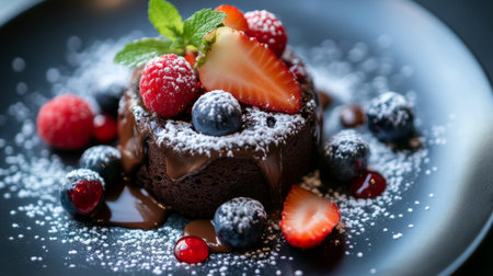 Close-up of a decadent chocolate lava cake with a gooey center, garnished with fresh berries and a dusting of powdered sugar, emphasizing the indulgent details.の素材