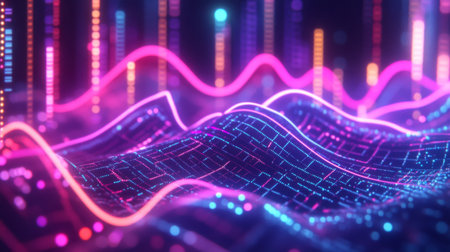 Close-up of a 3D line graph with rising curves, each axis highlighted in neon colors, representing trends and market data visualization in a high-tech style.の素材