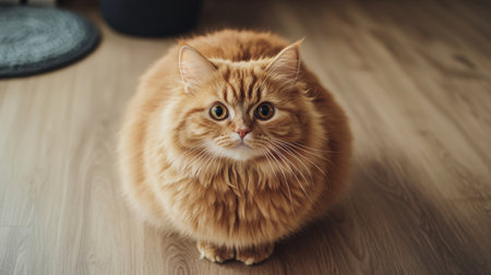 A round, orange cat with fluffy fur sitting on a wooden floor, gazing directly at the camera with a sweet and gentle look.の素材