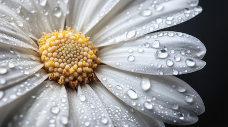 Close-up of a flower with large, prominent water droplets on its petals, creating a dramatic and visually appealing effect against a simple backdrop.の素材