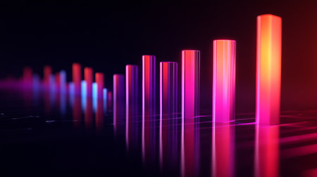 A sleek 3D bar graph with glossy columns of different heights, set against a dark background, emphasizing data visualization in finance and businessの素材