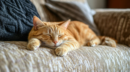 Chubby orange cat resting on a cozy sofa, its eyes half-closed, capturing the calm and peaceful nature of domestic cats.の素材