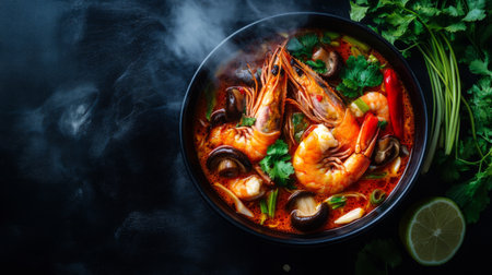Aerial view of a steaming Tom Yum Goong bowl, filled with prawns, mushrooms, and lemongrass, surrounded by fresh Thai herbs on the side.の素材