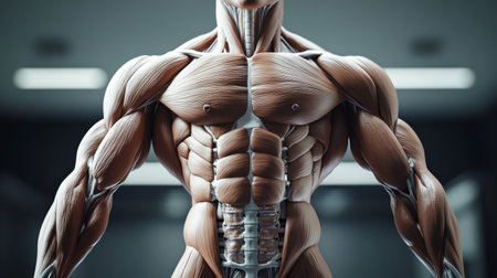 A high-resolution shot of a human torso showing the anatomical structure, including well-defined abs and ribcage, emphasizing the body form and fitness.の素材