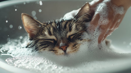 Close-up of a cat being bathed in a bathtub, with foam and water droplets on its fur, and a hand gently washing it, showing the interaction between the cat and owner.の素材