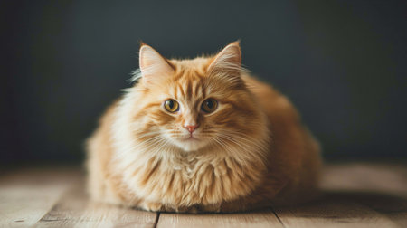 A round, orange cat with fluffy fur sitting on a wooden floor, gazing directly at the camera with a sweet and gentle look.の素材