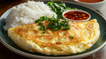 Close-up of a fluffy, golden omelette resting on a bed of white jasmine rice, with crispy edges and soft texture, garnished with chili sauce on the sideの素材