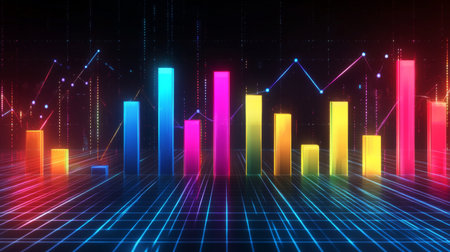 A vibrant 3D bar graph with colorful bars rising from a grid background, representing financial growth and data analytics in a modern, futuristic design.の素材