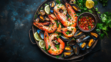 Aerial view of a grilled seafood feast featuring prawns, squid, and mussels, served on a rustic platter with fresh herbs and a side of spicy dipping sauce.の素材