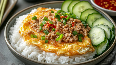 Close-up of a delicious omelette with minced pork, served on top of steamed rice, with chili sauce and fresh cucumbers on the side.の素材