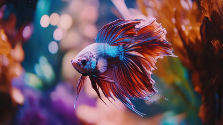 Close-up of a Betta fish with a mesmerizing array of colors and delicate fins, swimming elegantly through a well-decorated aquarium environment.の素材