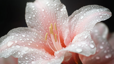 Close-up of a delicate flower with glistening water droplets on its petals, capturing the intricate details and fresh, dewy appearance.の素材