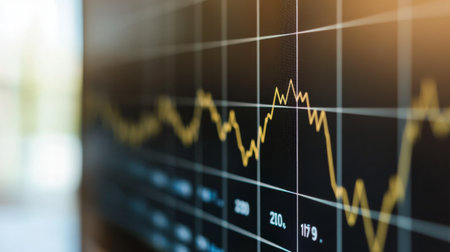 Close-up of a financial graph on a computer screen, showcasing upward and downward trends with detailed line and bar charts.の素材